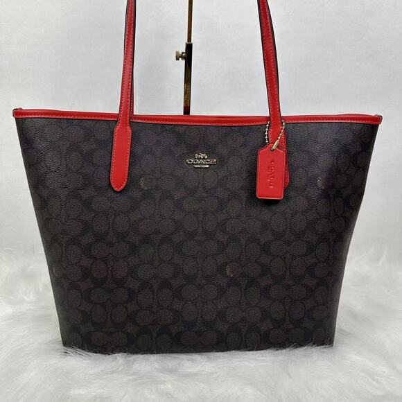Coach City Tote Bag In Signature Canvas In Walnut/Red CV976 NWT - Picture 2 of 8